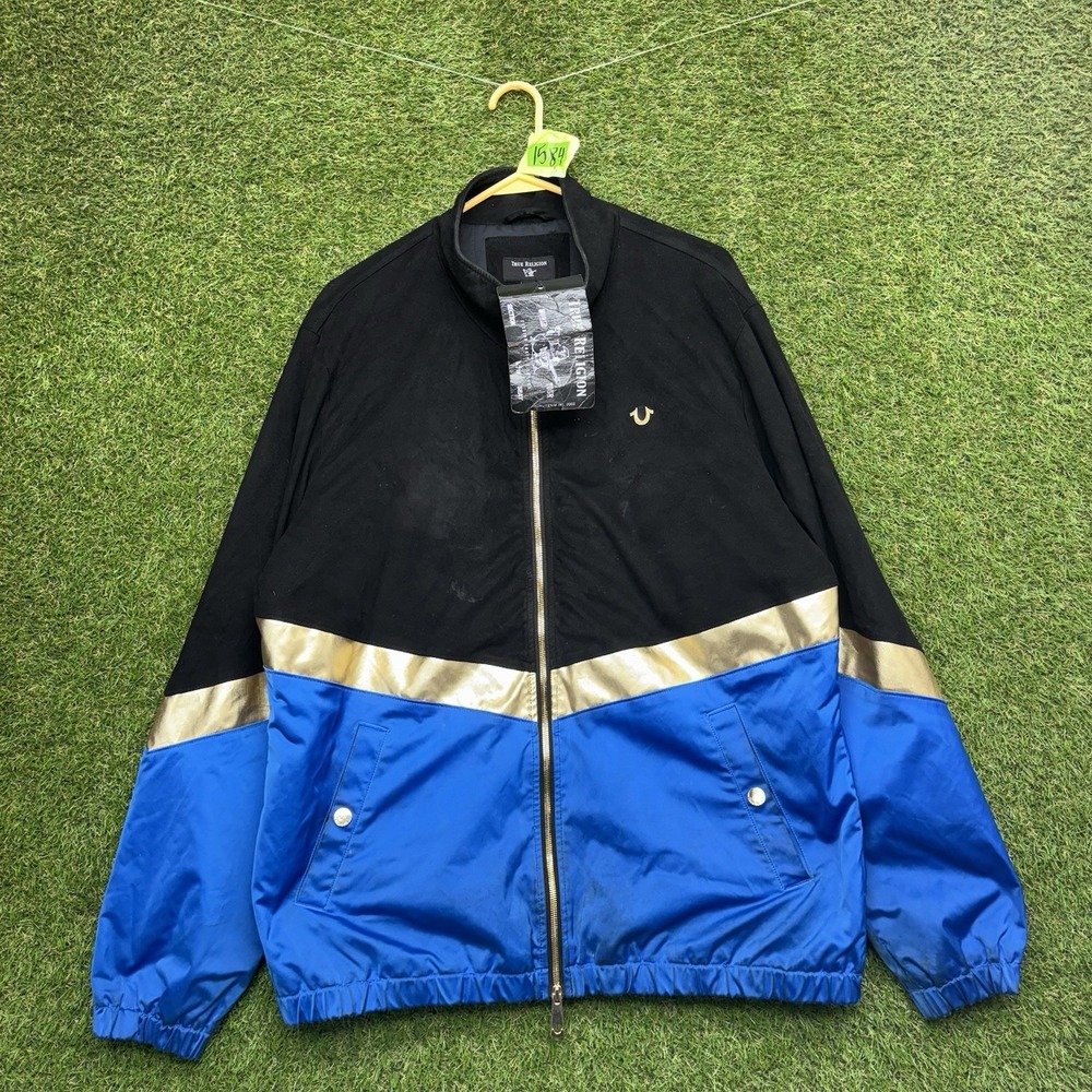 True Religion Bomber Jacket Mens Large Black Blue Suede Full Zip Chevron NWT
